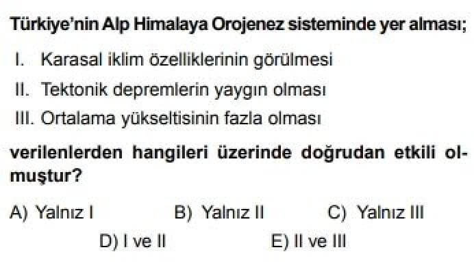 10. Sınıf Coğrafya Test 11 Türkiye’nin Yer Şekillerinin Temel Özellikleri - Soru 5
