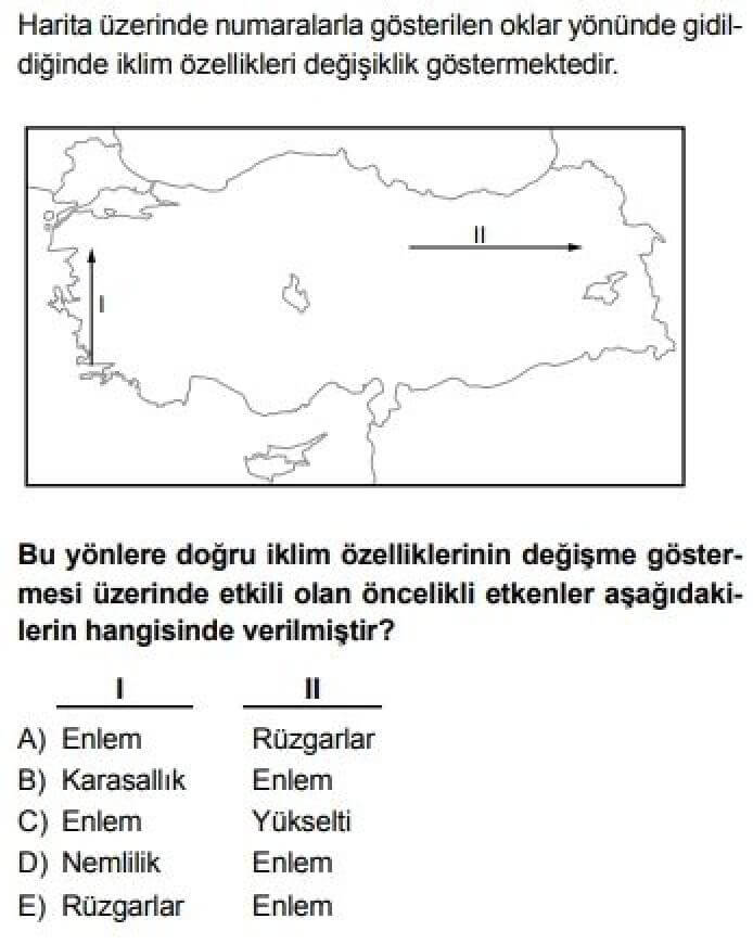 10. Sınıf Coğrafya Test 14 Türkiye’nin İklimini Etkileyen Faktörler ve İklim Elemanları - Soru 2