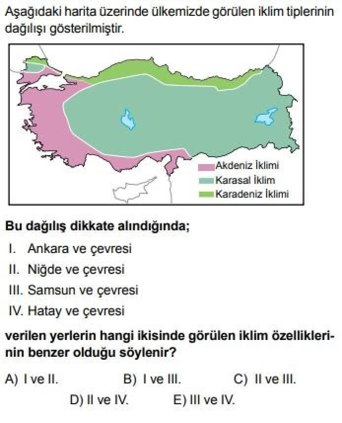 10. Sınıf Coğrafya Test 15 Türkiye’de Görülen İklim Tipleri - Soru 7