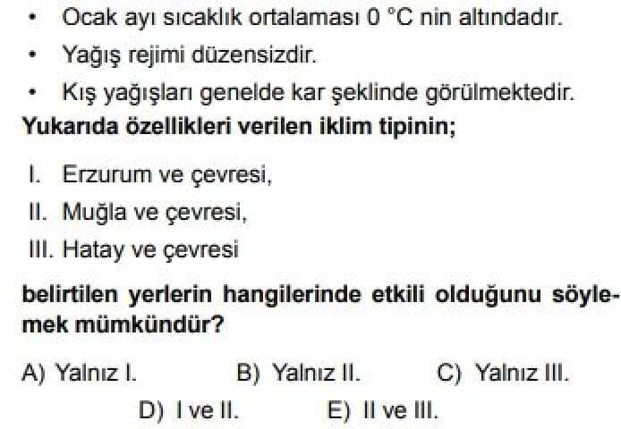 10. Sınıf Coğrafya Test 15 Türkiye’de Görülen İklim Tipleri - Soru 9