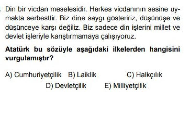 10.Sınıf Din Kültürü ve Ahlak Bilgisi Test 21 Atatürk ve Din -1 - Soru 11