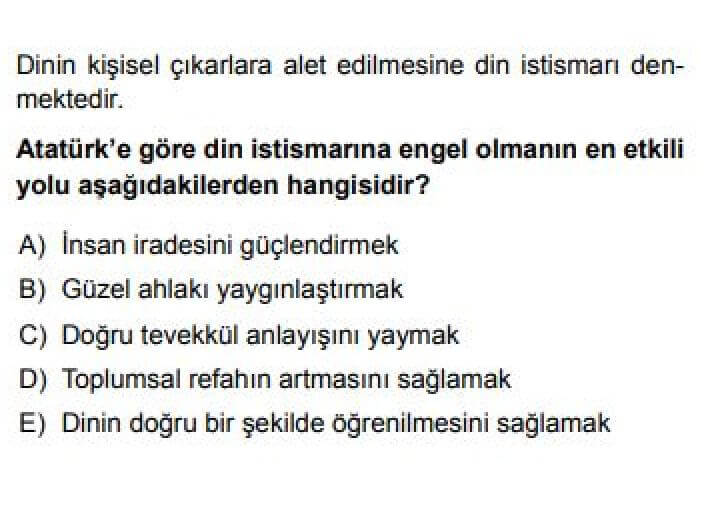 10.Sınıf Din Kültürü ve Ahlak Bilgisi Test 21 Atatürk ve Din -1 - Soru 6