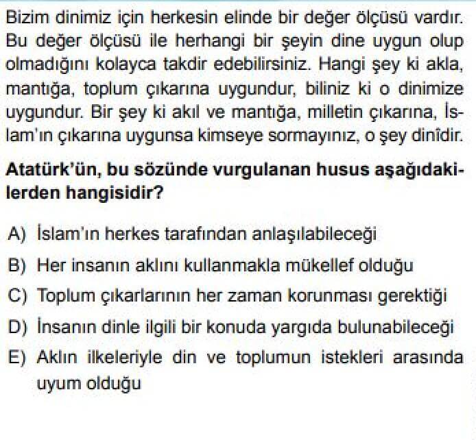 10.Sınıf Din Kültürü ve Ahlak Bilgisi Test 21 Atatürk ve Din -1 - Soru 7