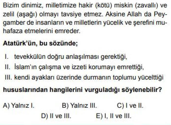 10.Sınıf Din Kültürü ve Ahlak Bilgisi Test 21 Atatürk ve Din -1 - Soru 9