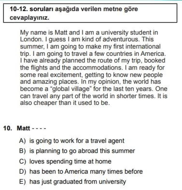 10. Sınıf İngilizce Test 10 Travel – 2 - Soru 10