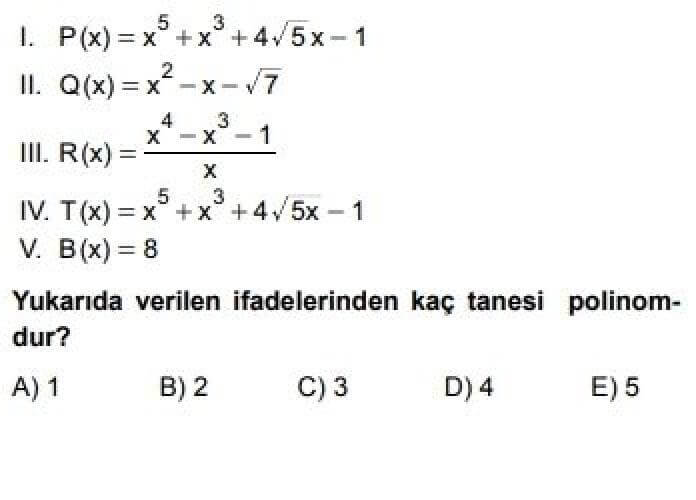 10. Sınıf Matematik Test 18 Polinomlar -1 - Soru 1