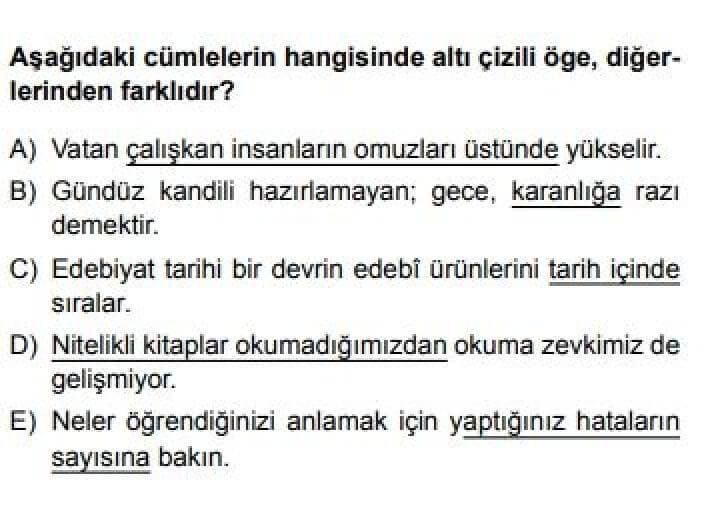 10. Sınıf Türk Dili ve Edebiyatı Test 16 Cümle Ögeleri -1 - Soru 5