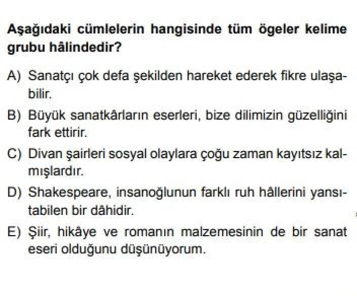 10. Sınıf Türk Dili ve Edebiyatı Test 17 Cümlenin Ögeleri -2 - Soru 2