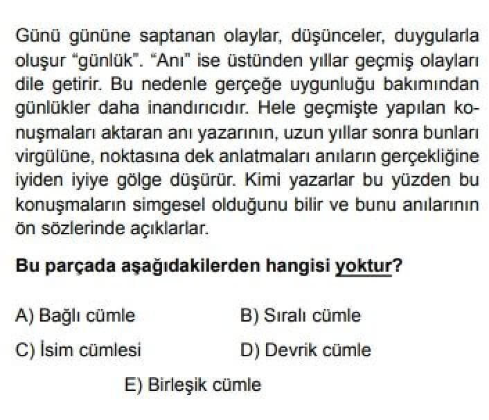 10. Sınıf Türk Dili ve Edebiyatı Test 20 Cümle Türleri – 2 - Soru 2