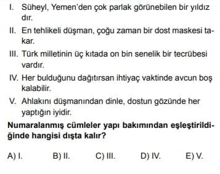 10. Sınıf Türk Dili ve Edebiyatı Test 20 Cümle Türleri – 2 - Soru 7