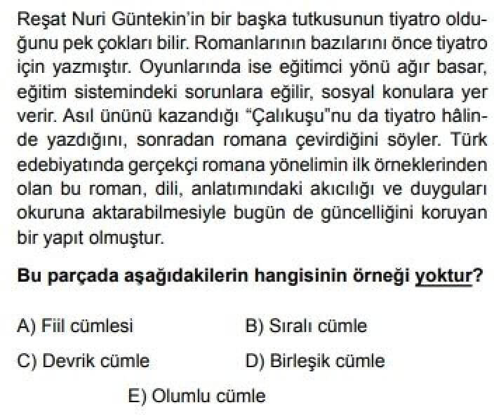 10. Sınıf Türk Dili ve Edebiyatı Test 20 Cümle Türleri – 2 - Soru 9