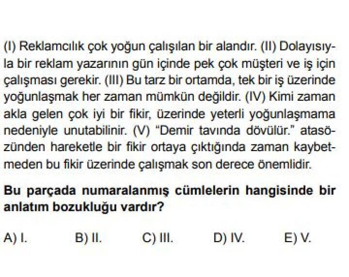 10. Sınıf Türk Dili ve Edebiyatı Test 23 Anlatım Bozukluğu -2 - Soru 12