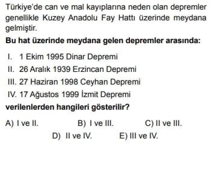 11. Sınıf Coğrafya Test 16 Türkiye’de ki Doğal Afetler - Soru 1