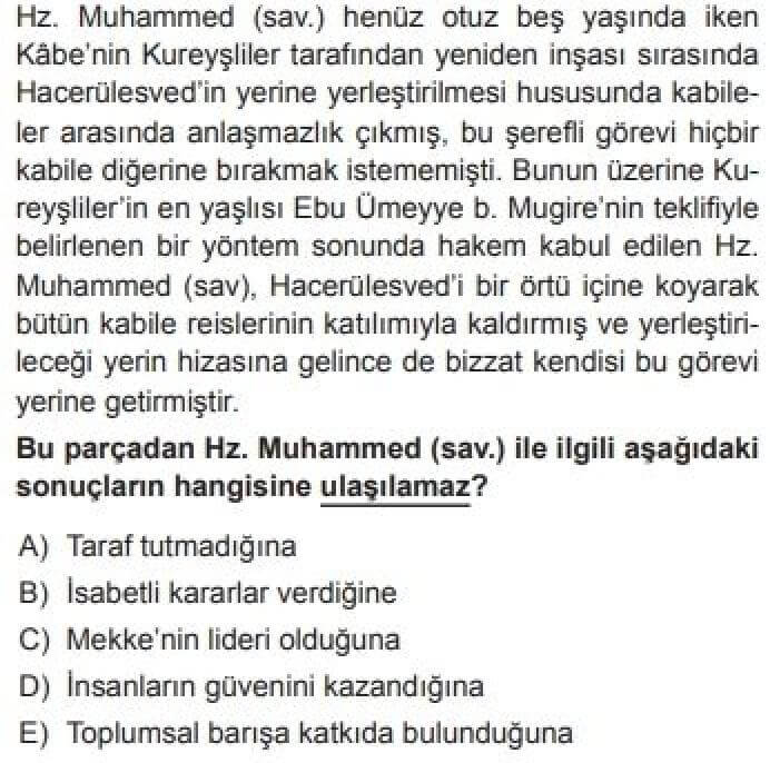 11. Sınıf Din Kültürü ve Ahlak Bilgisi Test 12 Hz. Muhammed’in Örnekliği – 6 - Soru 10