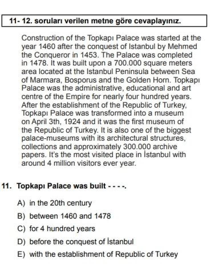 11. Sınıf İngilizce Test 15 Facts from Turkey – 2 - Soru 12