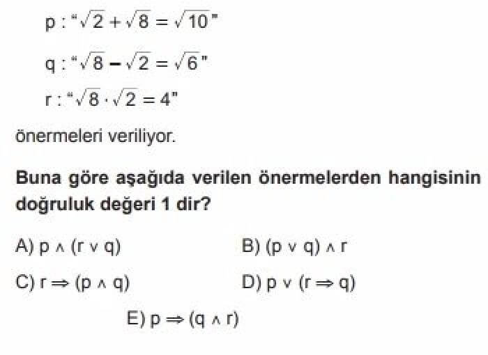 11.Sınıf Matematik(İleri Düzey) Test 1 Mantık – 1 - Soru 4