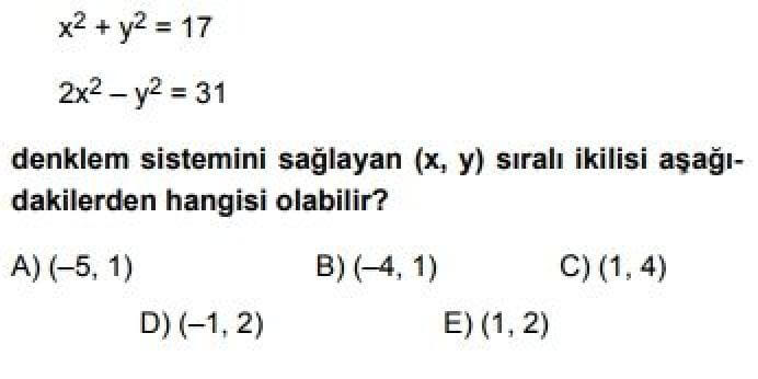 11. Sınıf Matematik(İleri Düzey) Test 7 Denklem ve Eşitsizlik Sistemleri – 3 - Soru 3