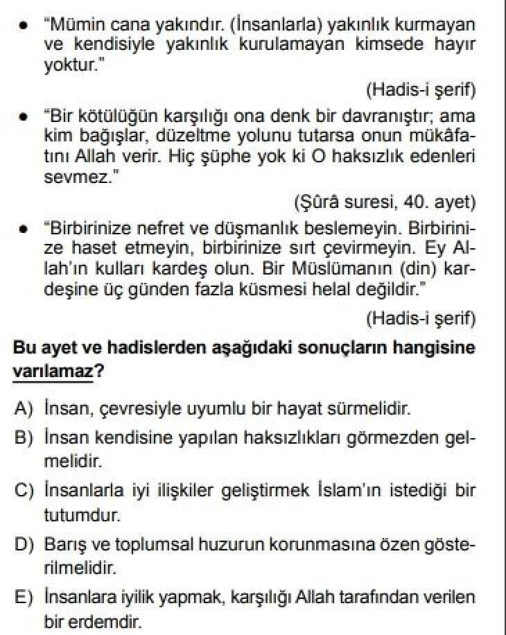 12. Sınıf Din Kültürü ve Ahlak Bilgisi Test 18 İslam ve Barış -3 - Soru 9