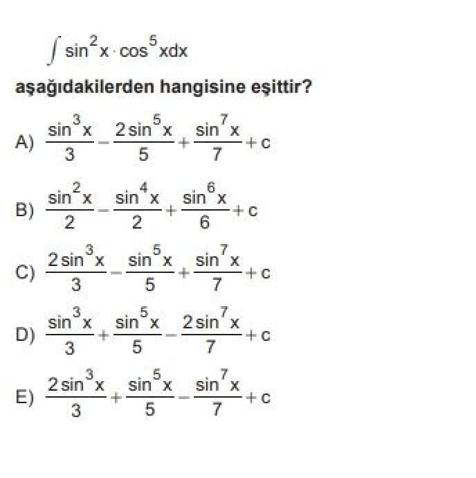 12. Sınıf Matematik İleri Düzey Test 13 Belirsiz İntegral -2 - Soru 2
