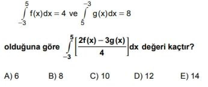 12. Sınıf Matematik(İleri Düzey) Test 11 Belirli İntegral – 2 - Soru 8