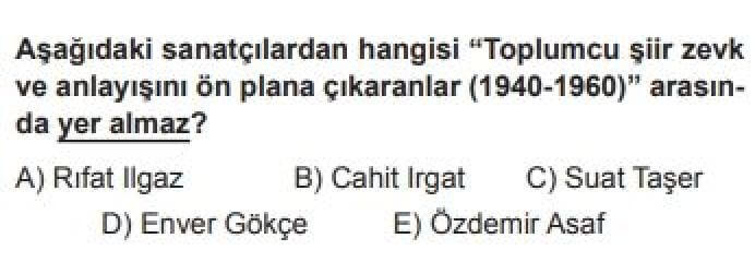 12. Sınıf Türk Edebiyatı Test 10 Toplumcu Şiir Zevk ve Anlayışını Ön Plana Çıkaranlar (1940-1960) - Soru 2