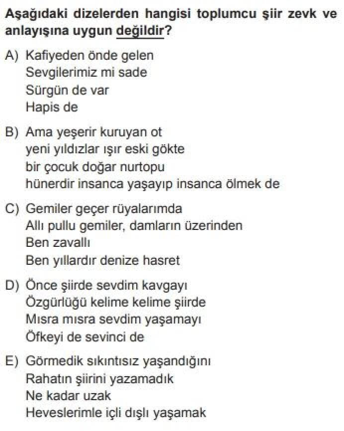 12. Sınıf Türk Edebiyatı Test 10 Toplumcu Şiir Zevk ve Anlayışını Ön Plana Çıkaranlar (1940-1960) - Soru 7