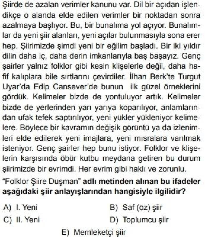 12. Sınıf Türk Edebiyatı Test 13 İkinci Yeni Şiiri (1950-1965) – 1 - Soru 1