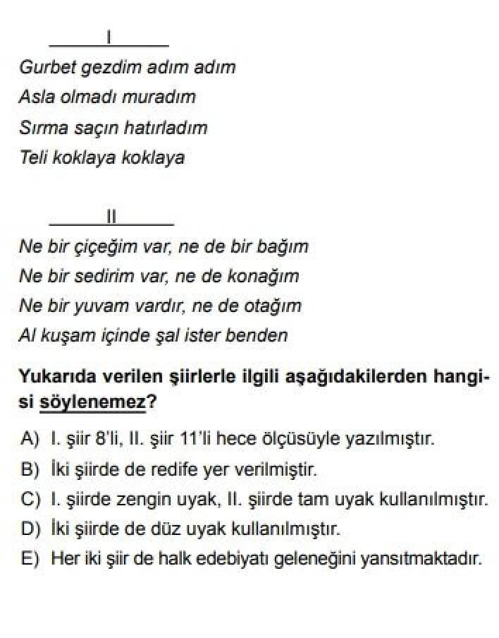 12. Sınıf Türk Edebiyatı Test 18 Cumhuriyet Dönemi Halk Şiiri - Soru 2