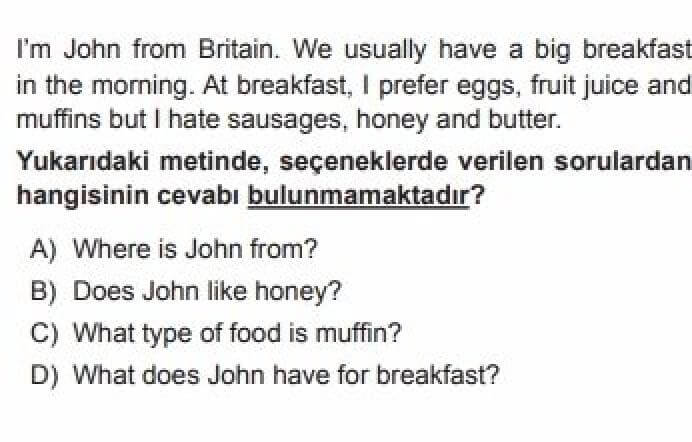 6. Sınıf İngilizce Test 2 Yummy Breakfast - Soru 9