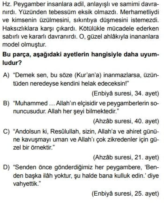 7. Sınıf Din Kültürü ve Ahlak Bilgisi Test 9 Bir İnsan ve Peygamber Olarak Hz. Muhammed – 3 - Soru 7
