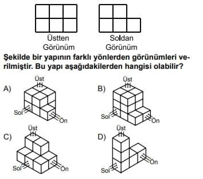 7. Sınıf Matematik Test 16 Cisimlerin Farklı Yönlerden Görünümleri - Soru 6
