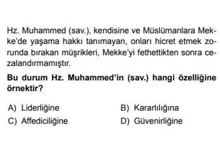 8. Sınıf Din Kültürü ve Ahlak Bilgisi Test 18 Hz. Muhammed’in (sav.) Hayatından Örnek Davranışlar – 5 - Soru 3