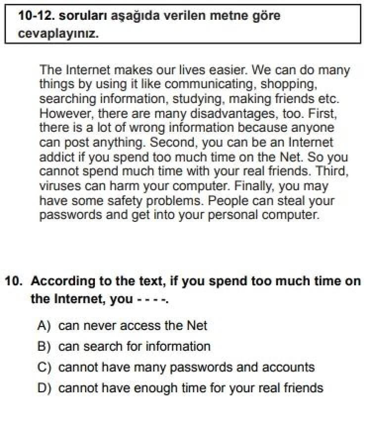 8. Sınıf İngilizce Test 13 The Internet – 3 - Soru 10