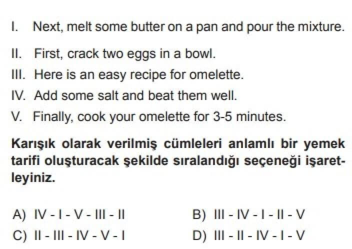 8. Sınıf İngilizce Test 6 Cooking -2 - Soru 9