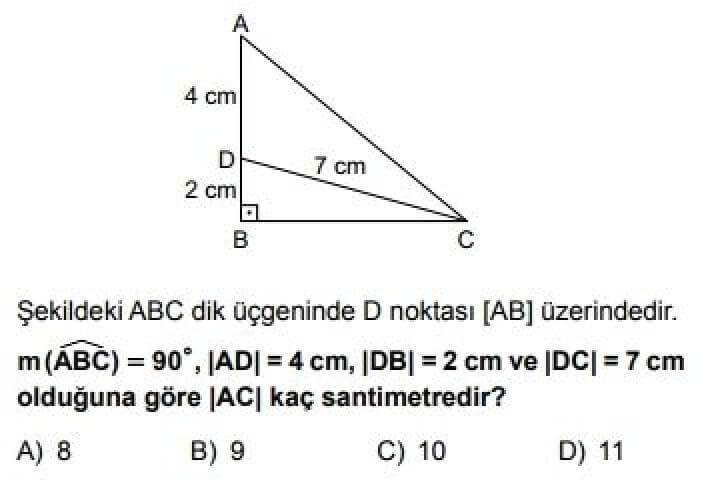 8. Sınıf Matematik Test 19 Dik Üçgen ve Pisagor Bağıntısı - Soru 5