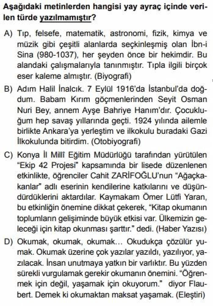 8. Sınıf Türkçe Test 19 Metin Türleri - Soru 9