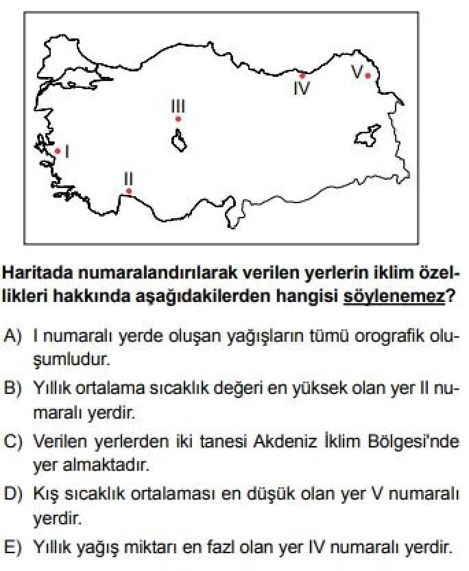9. Sınıf Coğrafya Test 19 Türkiye’de Görülen İklim Tipleri - Soru 1