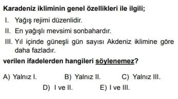 9. Sınıf Coğrafya Test 19 Türkiye’de Görülen İklim Tipleri - Soru 2