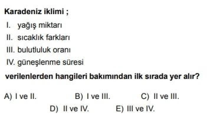 9. Sınıf Coğrafya Test 19 Türkiye’de Görülen İklim Tipleri - Soru 6