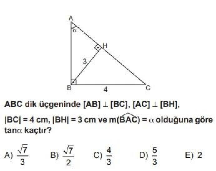9. Sınıf Matematik Test 21 Dik Üçgen ve Trigonometri – 2 - Soru 3