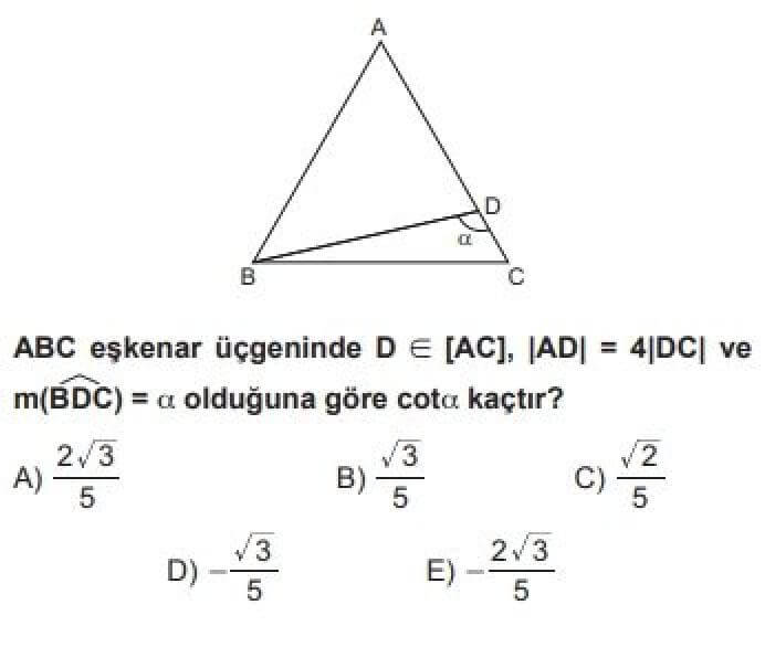 9. Sınıf Matematik Test 21 Dik Üçgen ve Trigonometri – 2 - Soru 4