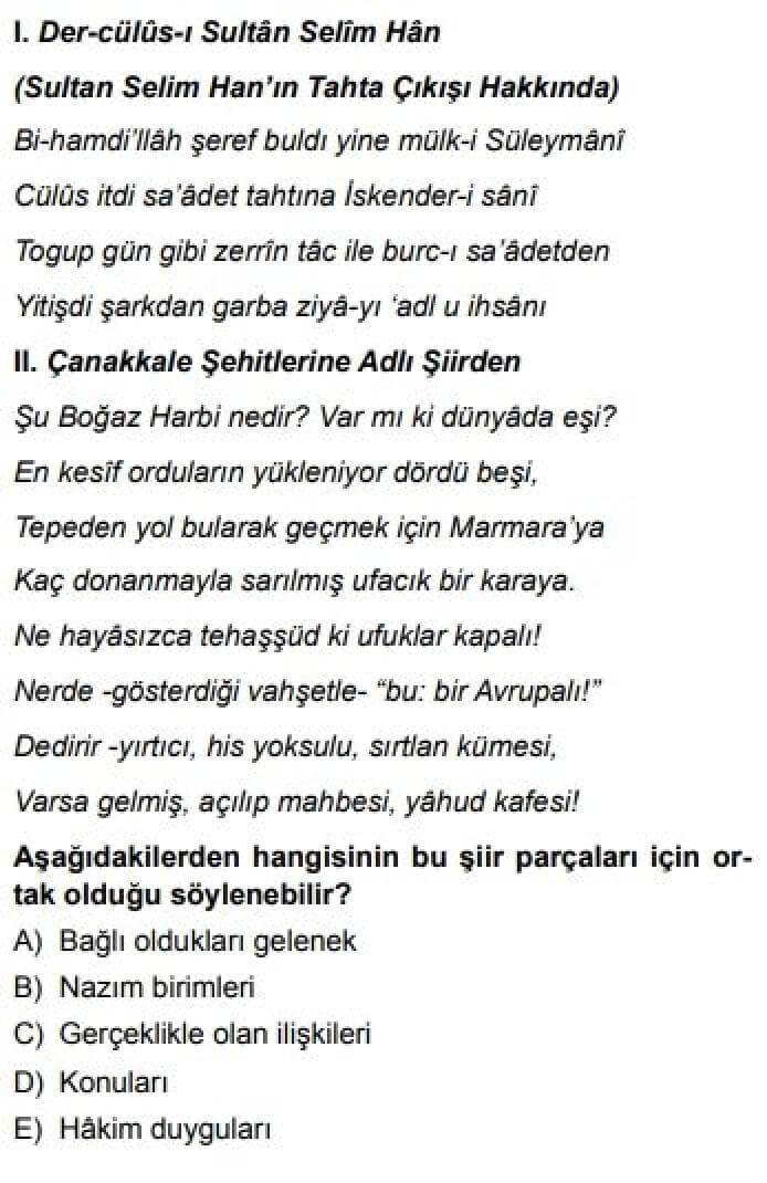 9. Sınıf Türk Dili Edebiyatı Test 18 Şiir / Gelenek ve Gerçeklik - Soru 12