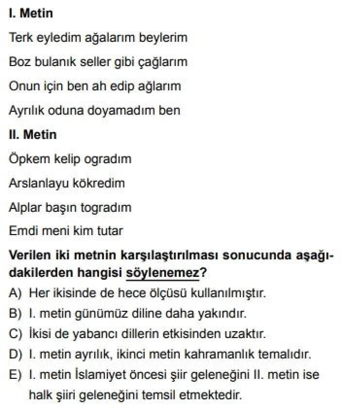 9. Sınıf Türk Dili Edebiyatı Test 18 Şiir / Gelenek ve Gerçeklik - Soru 6