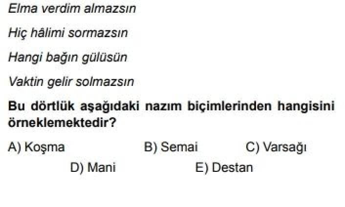9. Sınıf Türk Dili ve Edebiyatı Test 16 Şiir / Yapı – Dil – İçerik - Soru 1