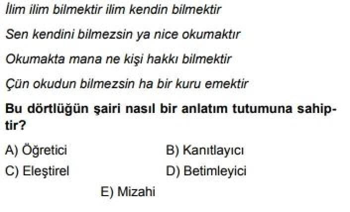 9. Sınıf Türk Dili ve Edebiyatı Test 16 Şiir / Yapı – Dil – İçerik - Soru 4