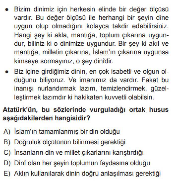YKS Din Kültürü ve Ahlak Bilgisi B Test 20 Atatürk ve Din - Soru 11