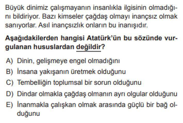 YKS Din Kültürü ve Ahlak Bilgisi B Test 20 Atatürk ve Din - Soru 3