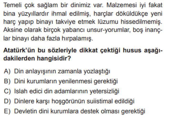 YKS Din Kültürü ve Ahlak Bilgisi B Test 20 Atatürk ve Din - Soru 4