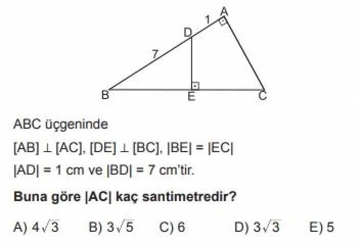 YKS Matematik B Test 10 Dik Üçgen ve Trigonometri - Soru 2