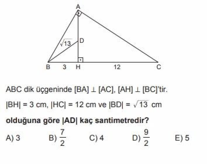 YKS Matematik B Test 10 Dik Üçgen ve Trigonometri - Soru 4